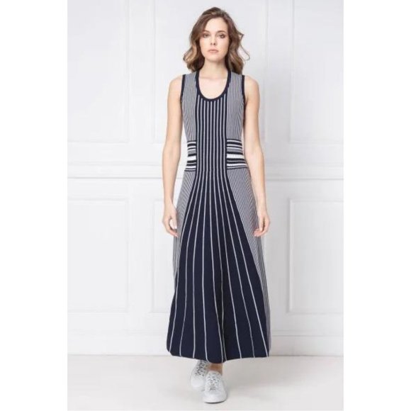Hugo Boss Silbiana Stretch Maxi Dress Grey Fantasy Navy Blue White Size Medium - Picture 1 of 6